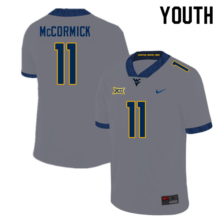 Youth #11 Wesley McCormick West Virginia Mountaineers College Football Jerseys Sale-Gray